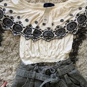 Francesca's embroidered white and black Crop Top
